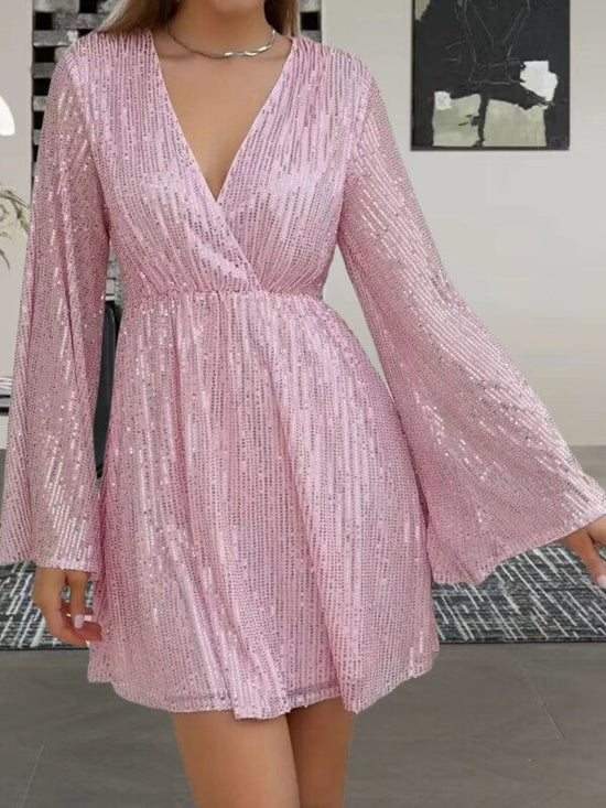 V-neck Sequin Waist Slimming Senior Party Evening Dress $49.90 Dana Fashion Color: Pink Size: L Women's clothing Product information: Pattern: solid color Skirt-type: patchwork skirt Color: black, red, pink, blue, apricot, Rose Waist type: loose waist Siz