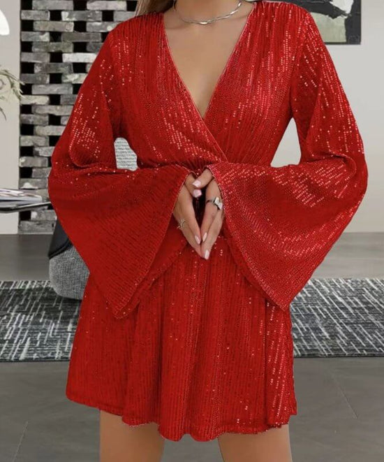 V-neck Sequin Waist Slimming Senior Party Evening Dress $49.90 Dana Fashion Color: Red Size: L Women's clothing Product information: Pattern: solid color Skirt-type: patchwork skirt Color: black, red, pink, blue, apricot, Rose Waist type: loose waist Size