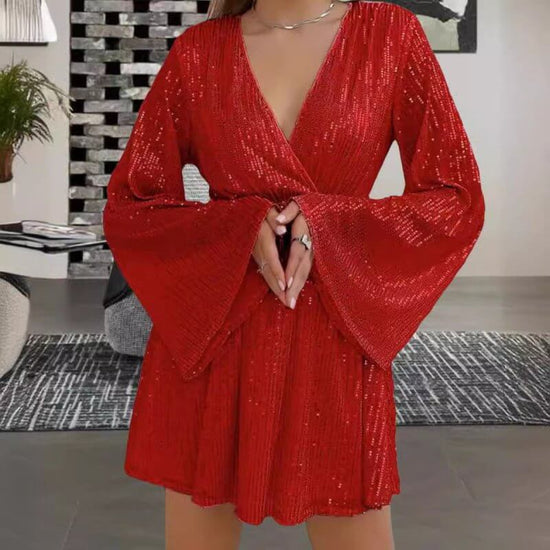 V-neck Sequin Waist Slimming Senior Party Evening Dress $49.90 Dana Fashion Color: Apricot Size: L Women's clothing Product information: Pattern: solid color Skirt-type: patchwork skirt Color: black, red, pink, blue, apricot, Rose Waist type: loose waist