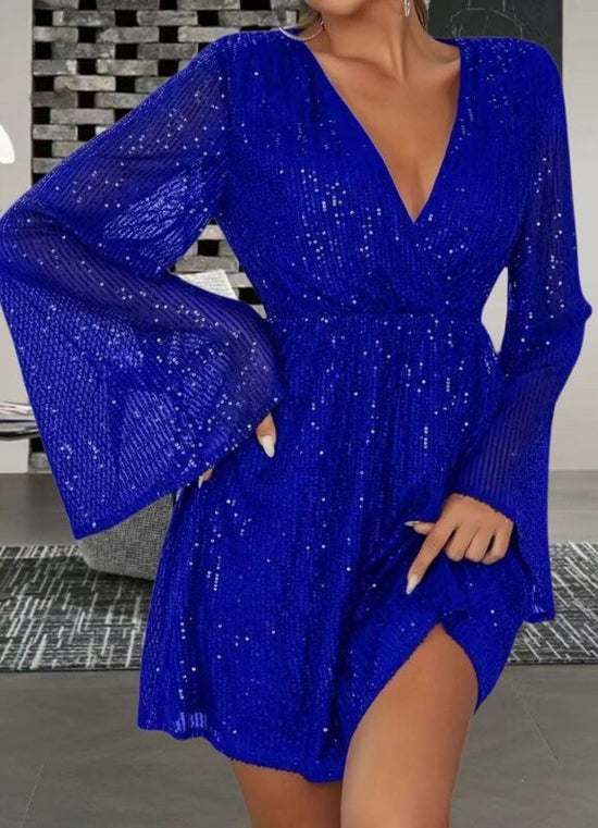 V-neck Sequin Waist Slimming Senior Party Evening Dress $49.90 Dana Fashion Color: Blue Size: L Women's clothing Product information: Pattern: solid color Skirt-type: patchwork skirt Color: black, red, pink, blue, apricot, Rose Waist type: loose waist Siz