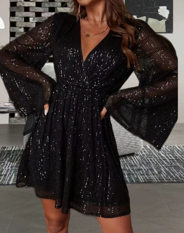 V-neck Sequin Waist Slimming Senior Party Evening Dress $49.90 Dana Fashion Color: Black Size: L Women's clothing Product information: Pattern: solid color Skirt-type: patchwork skirt Color: black, red, pink, blue, apricot, Rose Waist type: loose waist Si