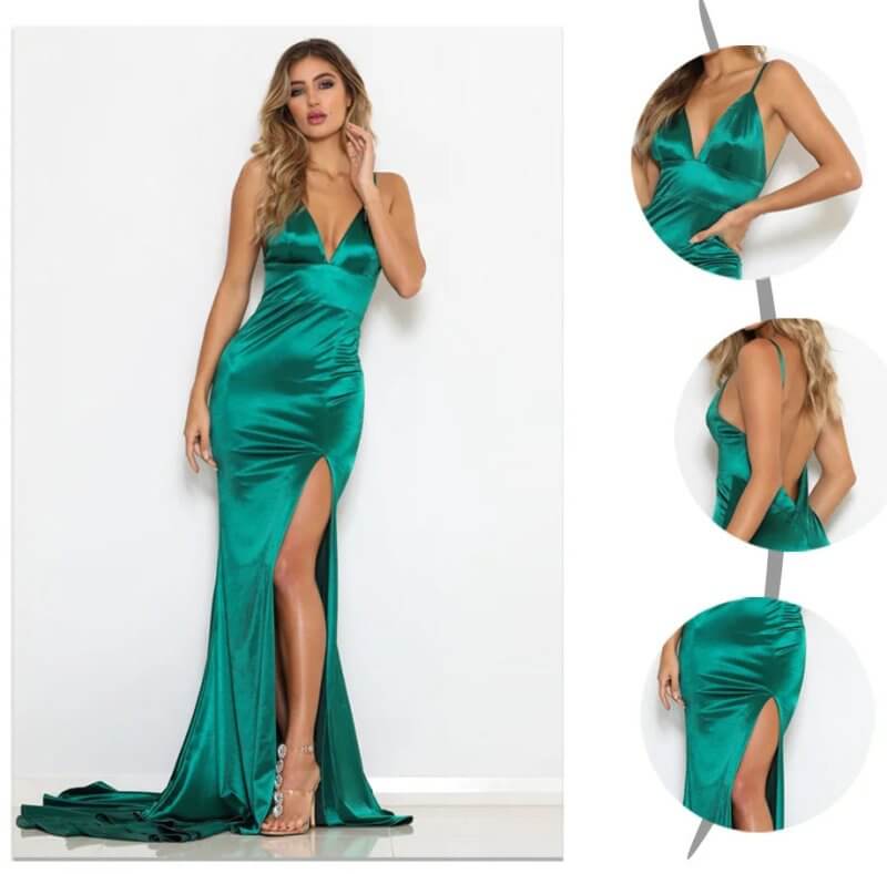 V-neck Split Banquet Evening Company Annual Meeting Dress $169.50 Dana Fashion Color: Green size: US10 Women's clothing Product information: Fabric name: Polyester Applicable scenario: company annual meeting Color: green, color remarks Sleeve type: sleeve