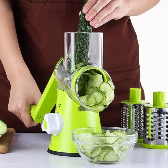Vegetable Cutter Round Mandoline Slicer Potato Julienne Carrot Grater Cheese $35.50 Dana Fashion Color: Blue green warehouse: China Dana's Kitchen Overview: - Constructed with ABS, AS, rubber and stainless steel materials,environmental friendly, non-toxic
