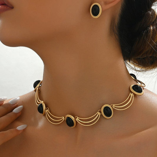 Vintage Inlaid Gem Earrings And Necklace Set $57.31 Dana Fashion Color: XL5419 Women's Accessories Product information: Pattern: Geometric Treatment Process: inlay Color: XL5419 Applicable people: women Inlaid material: alloy inlaid artificial gem/semi-pr