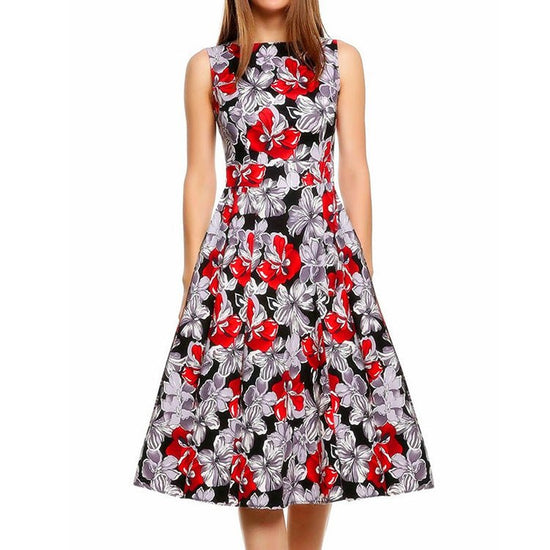 Vintage print dress $40.50 Dana Fashion Color: Lily red Size: M Women's clothing Style: OL commute Pattern: Print Process: Printing / Printing Origin: Dongguan Style: Basic Combination form: single piece Skirt length: mid skirt Skirt type: princess dress