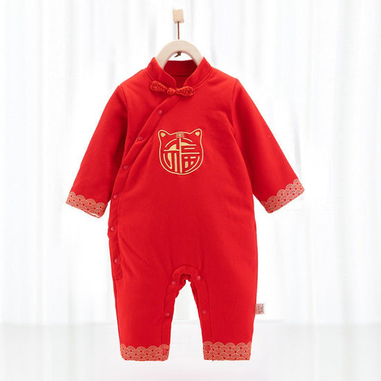 Warm Jumpsuit Newborn Cotton Crawling Suit $49.92 Dana Fashion Color: New Year dress Huhu Shengwei Child size: 100cm Baby Clothing Product information: Fabric name：cotton Boneless process：is Seasonable:Spring, spring, fall Main fabric component:cotton Mai