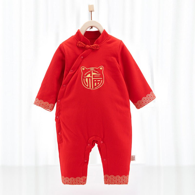 Warm Jumpsuit Newborn Cotton Crawling Suit $49.92 Dana Fashion Color: New Year dress Huhu Shengwei Child size: 100cm Baby Clothing Product information: Fabric name：cotton Boneless process：is Seasonable:Spring, spring, fall Main fabric component:cotton Mai