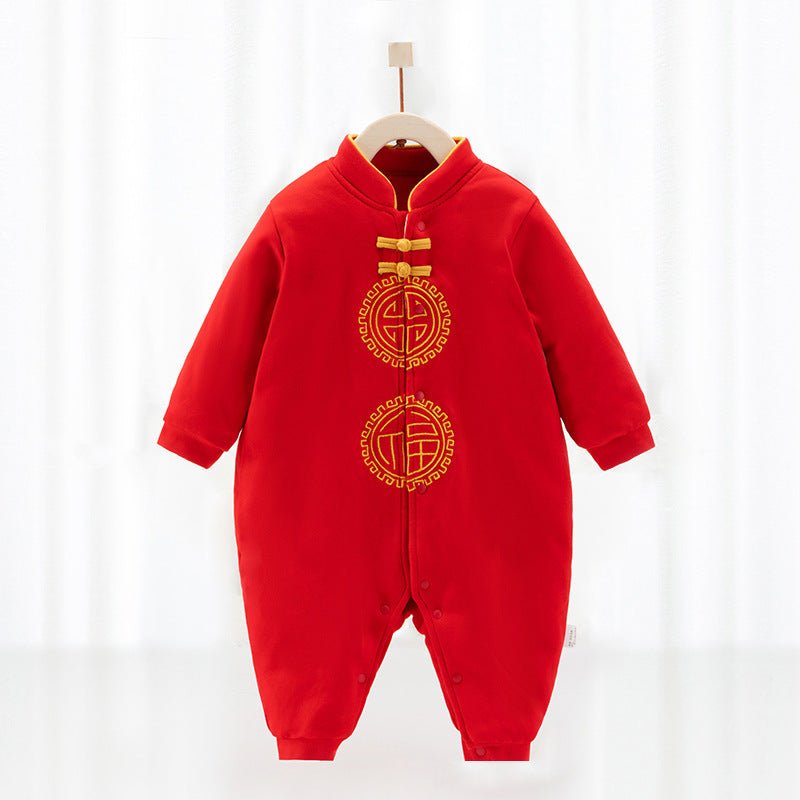 Warm Jumpsuit Newborn Cotton Crawling Suit $49.92 Dana Fashion Color: New Year dress Fulu Child size: 100cm Baby Clothing Product information: Fabric name：cotton Boneless process：is Seasonable:Spring, spring, fall Main fabric component:cotton Main fabric