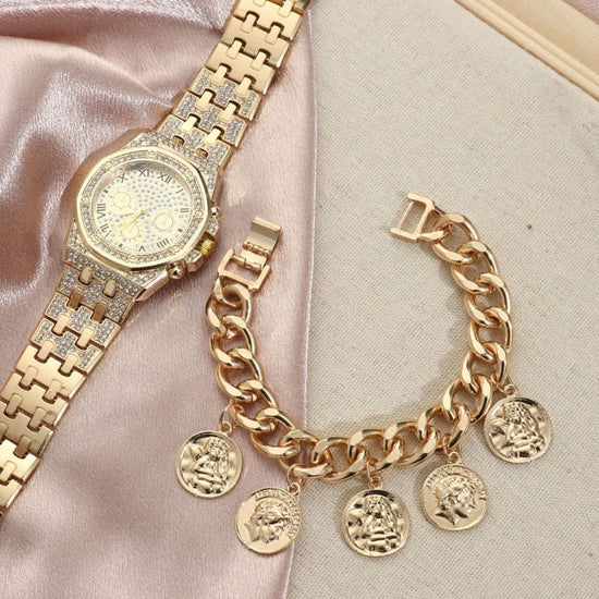 Watch Men's Diamond Large Dial Quartz Watch $20.37 Dana Fashion Color: Gold Women's Accessories Product information: Color: gold, silver, bracelet, golden suit Thickness: 10mm Waterproof: no Movement type: Quartz Mirror material: ordinary glass mirror Wat