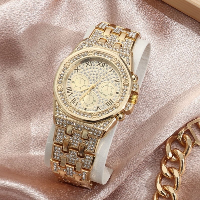 Watch Men's Diamond Large Dial Quartz Watch $20.37 Dana Fashion Color: Gold Women's Accessories Product information: Color: gold, silver, bracelet, golden suit Thickness: 10mm Waterproof: no Movement type: Quartz Mirror material: ordinary glass mirror Wat