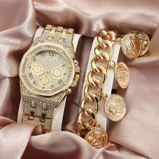 Watch Men's Diamond Large Dial Quartz Watch $20.37 Dana Fashion Color: Gold Women's Accessories Product information: Color: gold, silver, bracelet, golden suit Thickness: 10mm Waterproof: no Movement type: Quartz Mirror material: ordinary glass mirror Wat