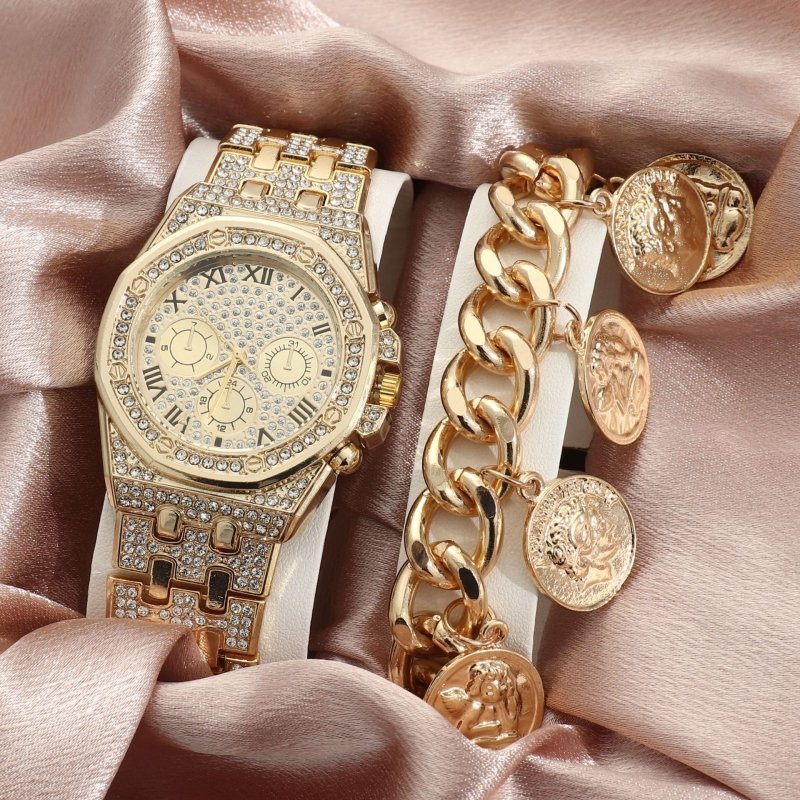 Watch Men's Diamond Large Dial Quartz Watch $20.37 Dana Fashion Color: Gold Women's Accessories Product information: Color: gold, silver, bracelet, golden suit Thickness: 10mm Waterproof: no Movement type: Quartz Mirror material: ordinary glass mirror Wat