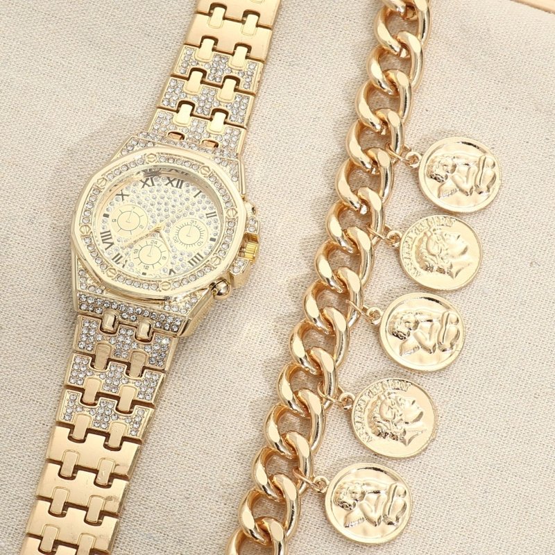 Watch Men's Diamond Large Dial Quartz Watch $20.37 Dana Fashion Color: Gold Women's Accessories Product information: Color: gold, silver, bracelet, golden suit Thickness: 10mm Waterproof: no Movement type: Quartz Mirror material: ordinary glass mirror Wat