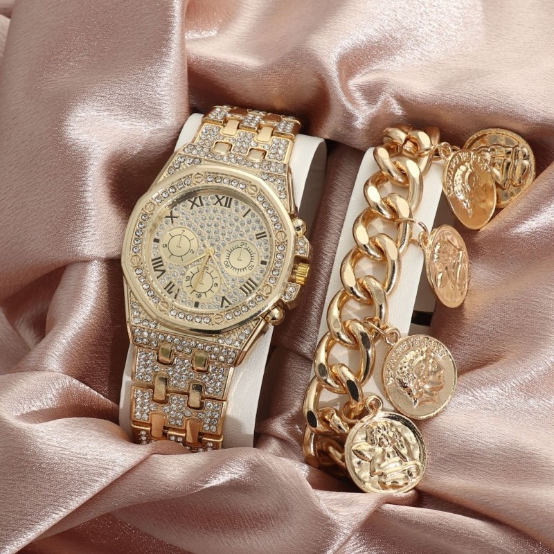 Watch Men's Diamond Large Dial Quartz Watch $24.88 Dana Fashion Color: Gold Suit Women's Accessories Product information: Color: gold, silver, bracelet, golden suit Thickness: 10mm Waterproof: no Movement type: Quartz Mirror material: ordinary glass mirro