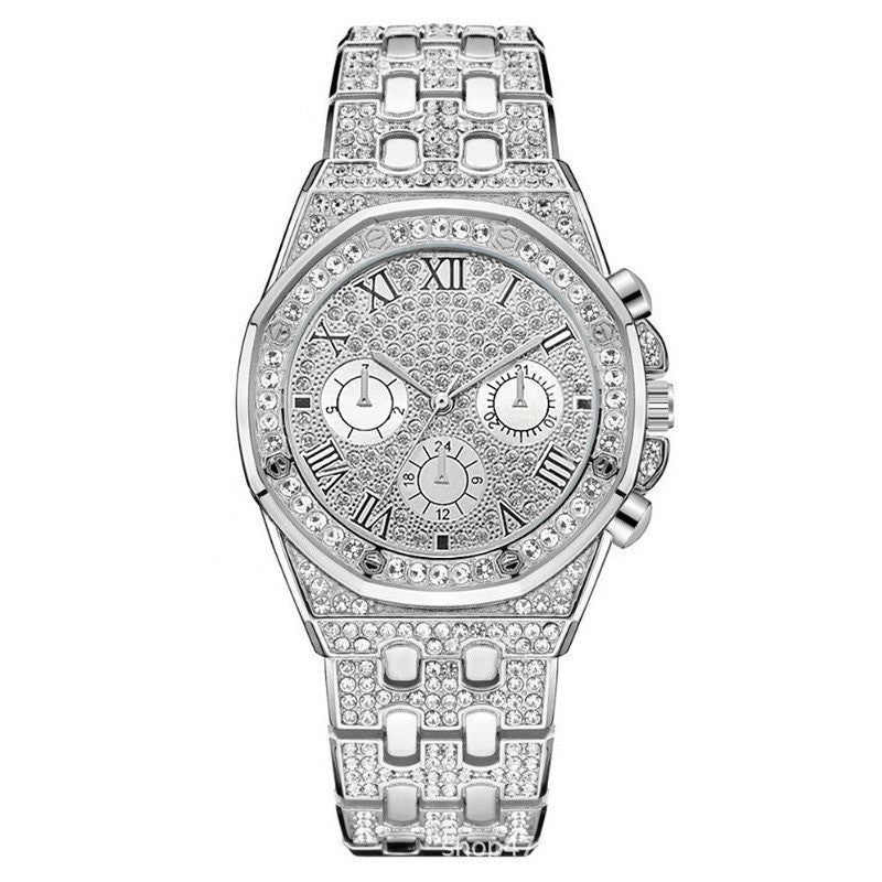 Watch Men's Diamond Large Dial Quartz Watch $20.37 Dana Fashion Color: Silver Women's Accessories Product information: Color: gold, silver, bracelet, golden suit Thickness: 10mm Waterproof: no Movement type: Quartz Mirror material: ordinary glass mirror W