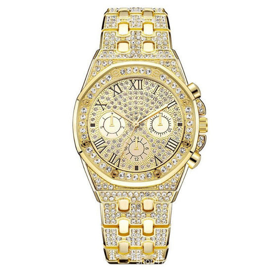 Watch Men's Diamond Large Dial Quartz Watch $20.37 Dana Fashion Color: Gold Women's Accessories Product information: Color: gold, silver, bracelet, golden suit Thickness: 10mm Waterproof: no Movement type: Quartz Mirror material: ordinary glass mirror Wat