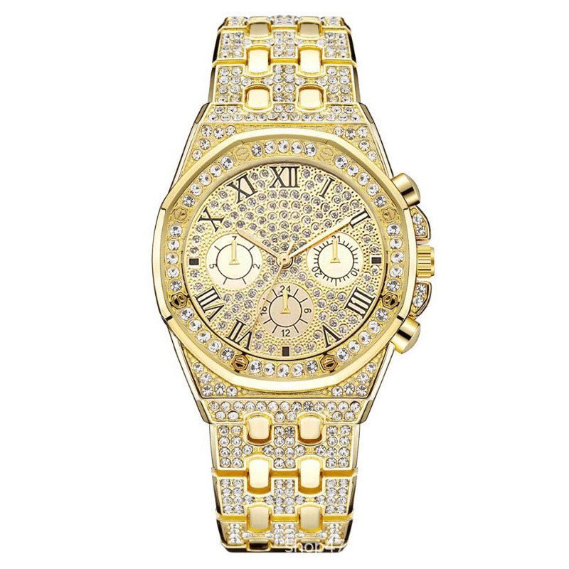 Watch Men's Diamond Large Dial Quartz Watch $20.37 Dana Fashion Color: Gold Women's Accessories Product information: Color: gold, silver, bracelet, golden suit Thickness: 10mm Waterproof: no Movement type: Quartz Mirror material: ordinary glass mirror Wat