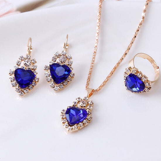Water drop rhinestone necklace earrings ring set $22.99 Dana Fashion Color: Heart Royal blue Women's Accessories Style: Europe and America Material: Alloy Processing technology: diamond Style: Women's Circumference: 43CM+extended chain 5CM