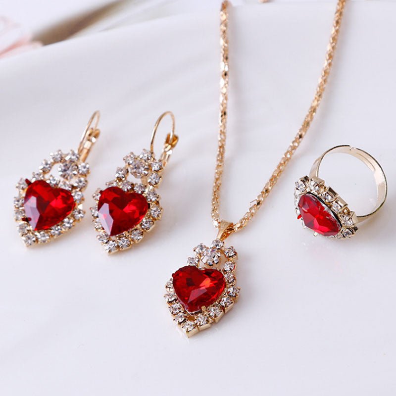 Water drop rhinestone necklace earrings ring set $22.99 Dana Fashion Color: Heart red Women's Accessories Style: Europe and America Material: Alloy Processing technology: diamond Style: Women's Circumference: 43CM+extended chain 5CM