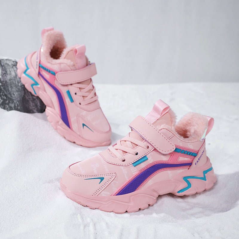 Waterproof Leather Girls Casual Sneaker $35.50 Dana Fashion Color: Pink Cotton size: 27 Women's shoes Product information: Pattern: Letters Thickness: ordinary thickness Applicable site: hard ground Color: pink leather surface, pink cotton, black leather,