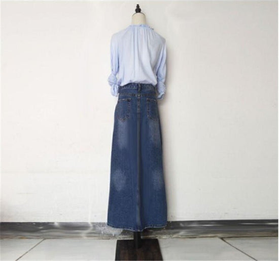 Wear Frayed Long Skirts Women's Long Skirts Denim Skirts $149.90 Dana Fashion Color: Blue Size: 2XL Women's clothing Product Information: Style: all-match Pattern: plain Process: hand-worn Skirt type: A-line skirt Skirt length: short skirt Popular element
