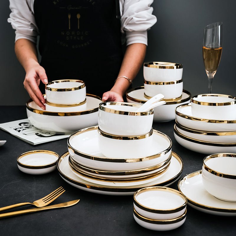 Wedding Gifts Home Bowls And Plates $42.63 Dana Fashion style: A Dana's Kitchen Product information: Material: Porcelain Pattern: gold trim Style: American Bowl diameter: 4.5 inches Color classification: A platinum 8 inch shallow dish B platinum 8 inch de