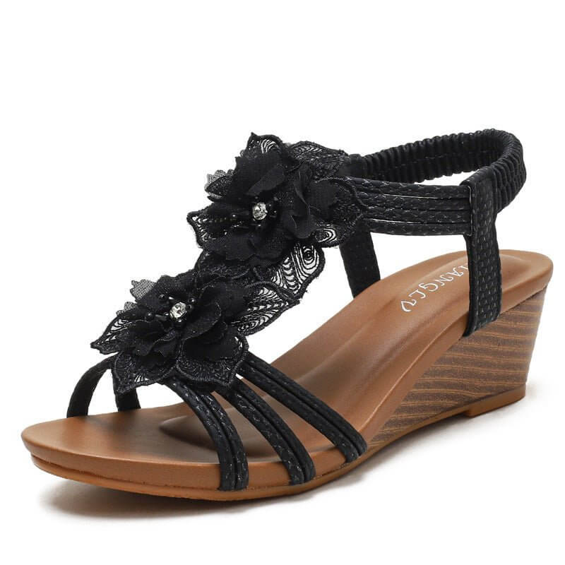 Wedge Roman Bohemian Retro Flower Vacation Sandals $45.50 Dana Fashion Color: Black Size: 36 Women's shoes Product information: Pattern: solid color Lining material: Leather Color: black, pink, apricot Upper height: low top Processing Method: Crazy Horse