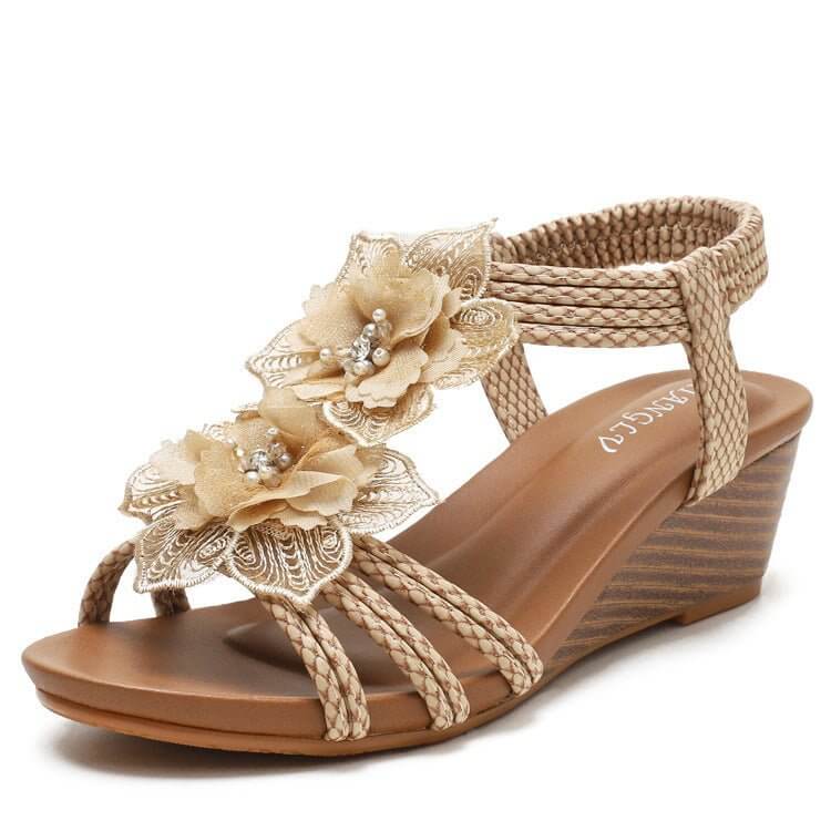 Wedge Roman Bohemian Retro Flower Vacation Sandals $45.50 Dana Fashion Color: Apricot Size: 36 Women's shoes Product information: Pattern: solid color Lining material: Leather Color: black, pink, apricot Upper height: low top Processing Method: Crazy Hors