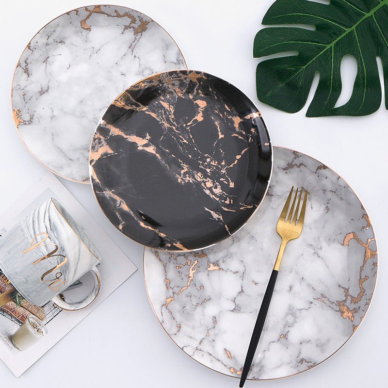 Western steak plate $141.17 Dana Fashion Color: Black 3pcs Size: 10 inches Dana's Kitchen Material: Ceramic Process: high temperature firing + gold