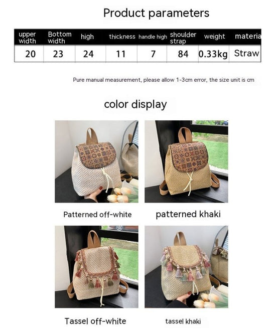 Western Style Travel Women's Straw Backpack Bohemian Style Tassel Bag $35.67 Dana Fashion Color: Pattern Khaki Women's Bags Product information: Applicable scenarios: Daily matching Color: white with pattern, pattern khaki, tassel White, tassels khaki Out