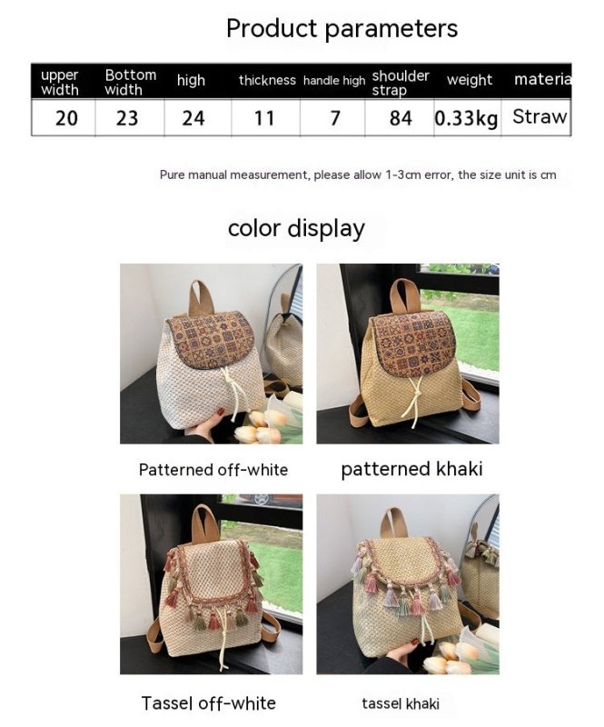 Western Style Travel Women's Straw Backpack Bohemian Style Tassel Bag $35.67 Dana Fashion Color: Pattern Khaki Women's Bags Product information: Applicable scenarios: Daily matching Color: white with pattern, pattern khaki, tassel White, tassels khaki Out
