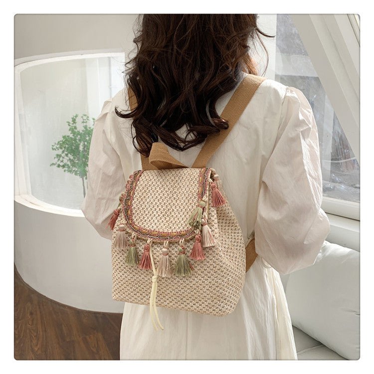 Western Style Travel Women's Straw Backpack Bohemian Style Tassel Bag $35.67 Dana Fashion Color: Pattern Khaki Women's Bags Product information: Applicable scenarios: Daily matching Color: white with pattern, pattern khaki, tassel White, tassels khaki Out