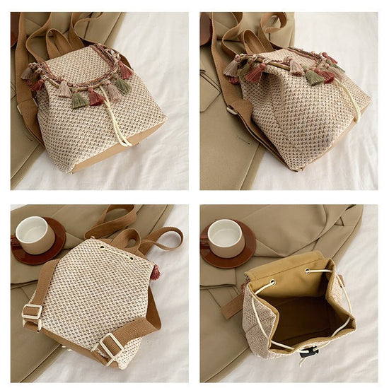Western Style Travel Women's Straw Backpack Bohemian Style Tassel Bag $35.67 Dana Fashion Color: Pattern Khaki Women's Bags Product information: Applicable scenarios: Daily matching Color: white with pattern, pattern khaki, tassel White, tassels khaki Out