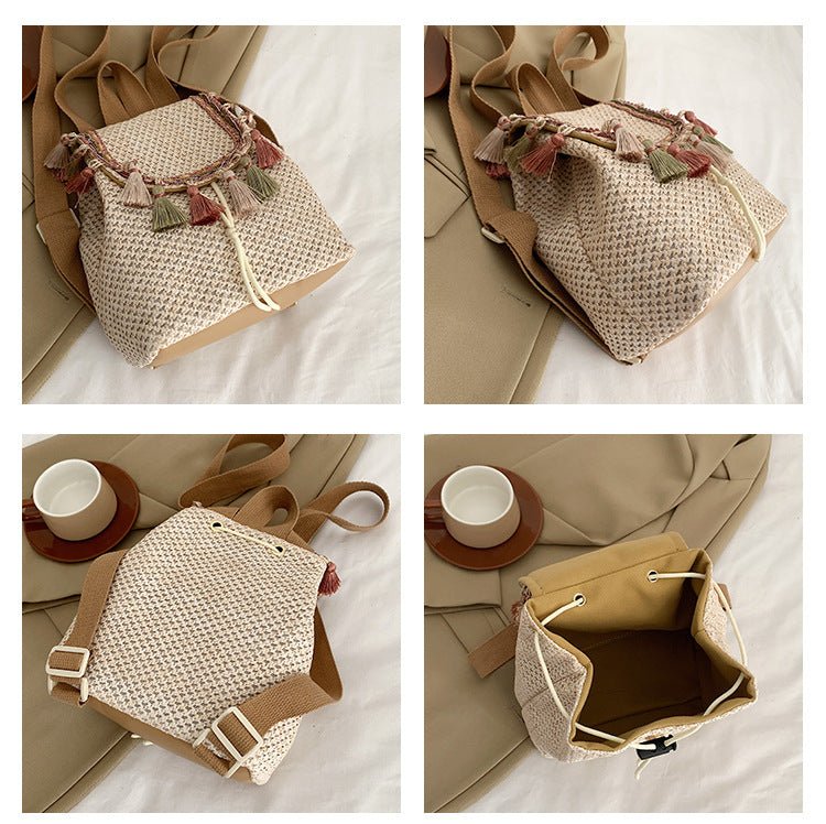 Western Style Travel Women's Straw Backpack Bohemian Style Tassel Bag $35.67 Dana Fashion Color: Pattern Khaki Women's Bags Product information: Applicable scenarios: Daily matching Color: white with pattern, pattern khaki, tassel White, tassels khaki Out
