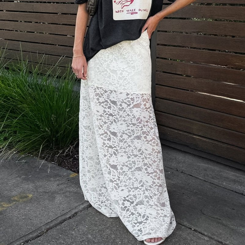 White Lace Hollow Out See-through Skirt $45.50 Dana Fashion Color: White Size: L Women's clothing Product information: Fabric name: Nylon Color: White Size: S,M,L Skirt length: long skirt Popular elements: hollow out Craft: collage/stitching (Unit: cm) Si