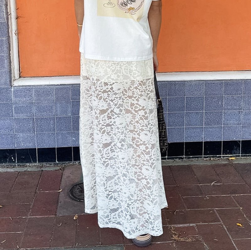 White Lace Hollow Out See-through Skirt $45.50 Dana Fashion Color: White Size: L Women's clothing Product information: Fabric name: Nylon Color: White Size: S,M,L Skirt length: long skirt Popular elements: hollow out Craft: collage/stitching (Unit: cm) Si
