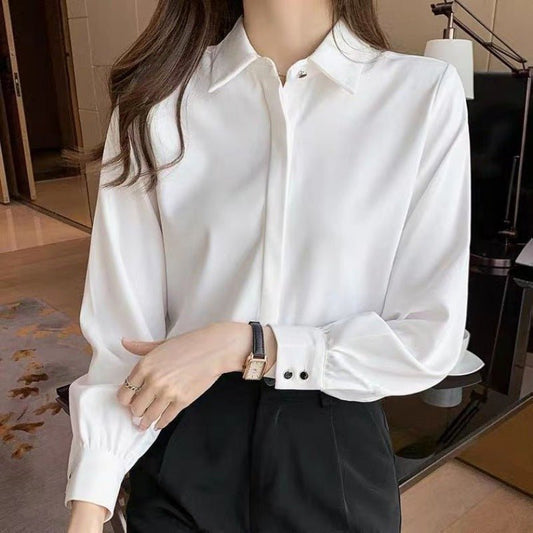 White Shirt Women's Autumn French Chic Top $29.50 Dana Fashion Color: White Size: L Women's clothing Product information: Pattern: solid color Color: White Size: S,M,L,XL,XXL Style: slim fit Style type: temperament commute Style: solid color Sleeve type: