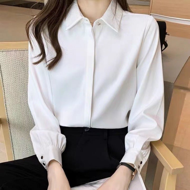 White Shirt Women's Autumn French Chic Top $29.50 Dana Fashion Color: White Size: L Women's clothing Product information: Pattern: solid color Color: White Size: S,M,L,XL,XXL Style: slim fit Style type: temperament commute Style: solid color Sleeve type: