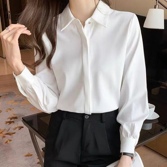 White Shirt Women's Autumn French Chic Top $29.50 Dana Fashion Color: White Size: L Women's clothing Product information: Pattern: solid color Color: White Size: S,M,L,XL,XXL Style: slim fit Style type: temperament commute Style: solid color Sleeve type: