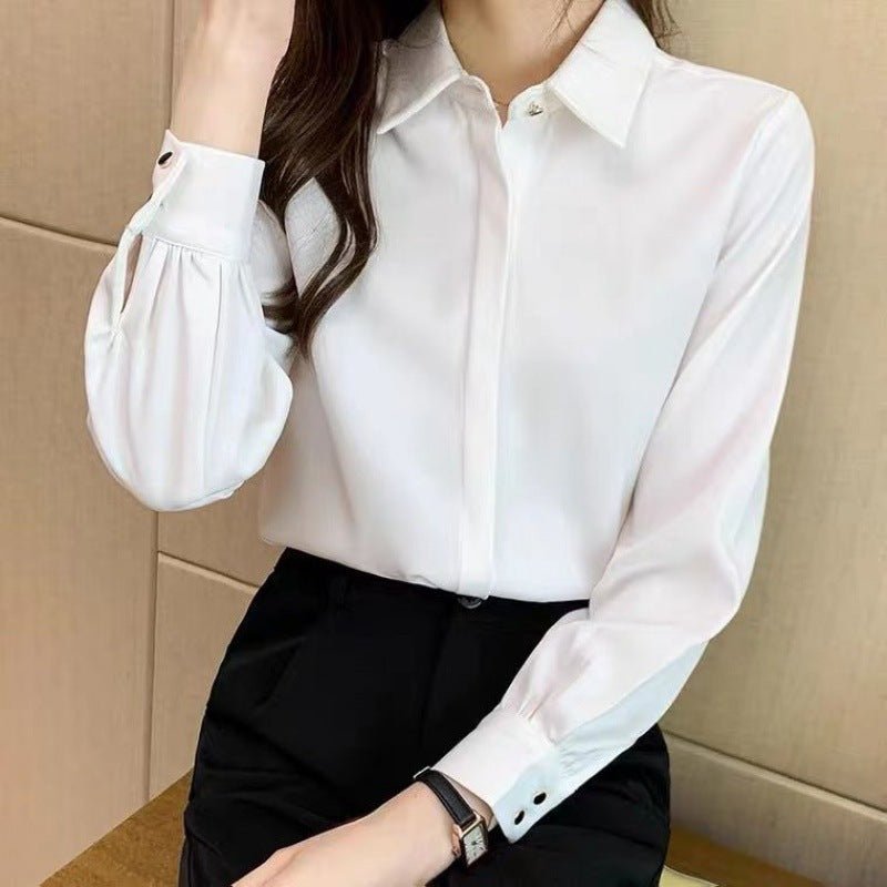 White Shirt Women's Autumn French Chic Top $29.50 Dana Fashion Color: White Size: L Women's clothing Product information: Pattern: solid color Color: White Size: S,M,L,XL,XXL Style: slim fit Style type: temperament commute Style: solid color Sleeve type: