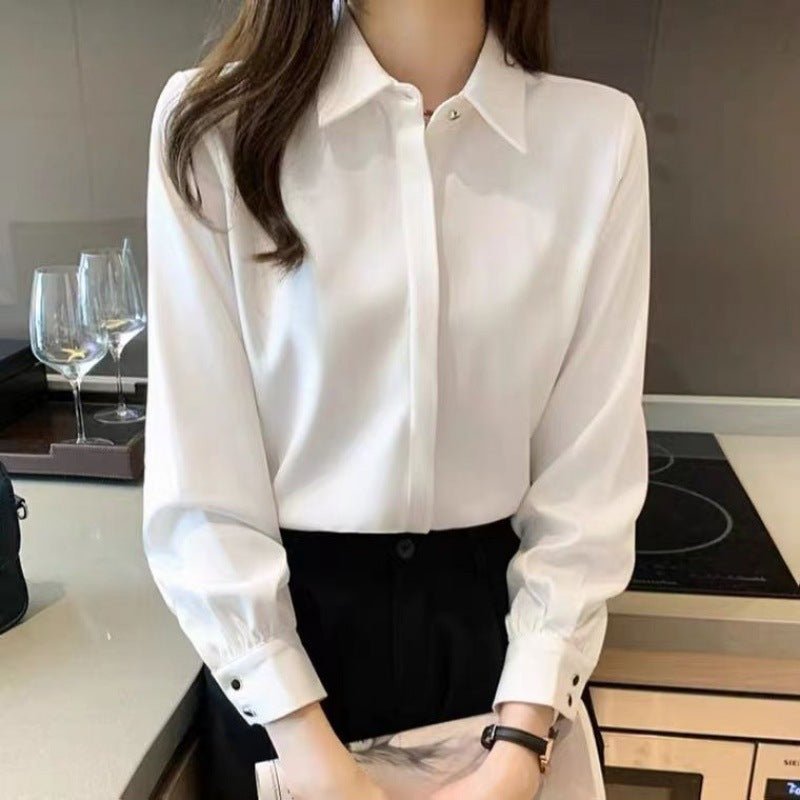 White Shirt Women's Autumn French Chic Top $29.50 Dana Fashion Color: White Size: L Women's clothing Product information: Pattern: solid color Color: White Size: S,M,L,XL,XXL Style: slim fit Style type: temperament commute Style: solid color Sleeve type: