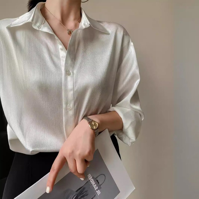 White Texture Satin Shirt For Women $39.99 Dana Fashion Color: White Size: L Women's clothing Product information: Pattern: solid color Fabric name: Other Color: White Sleeve type: Regular Main fabric composition: Other Size: S,M,L,XL Version: Straight Le