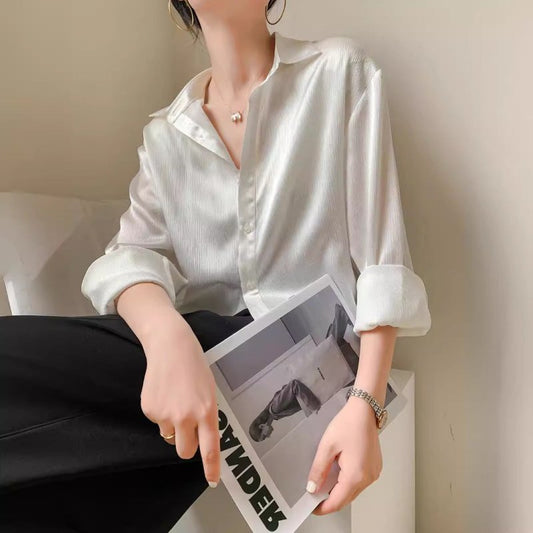 White Texture Satin Shirt For Women $39.99 Dana Fashion Color: White Size: L Women's clothing Product information: Pattern: solid color Fabric name: Other Color: White Sleeve type: Regular Main fabric composition: Other Size: S,M,L,XL Version: Straight Le