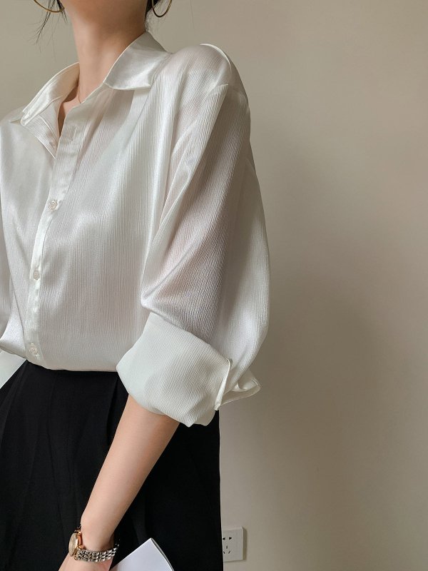 White Texture Satin Shirt For Women $39.99 Dana Fashion Color: White Size: L Women's clothing Product information: Pattern: solid color Fabric name: Other Color: White Sleeve type: Regular Main fabric composition: Other Size: S,M,L,XL Version: Straight Le