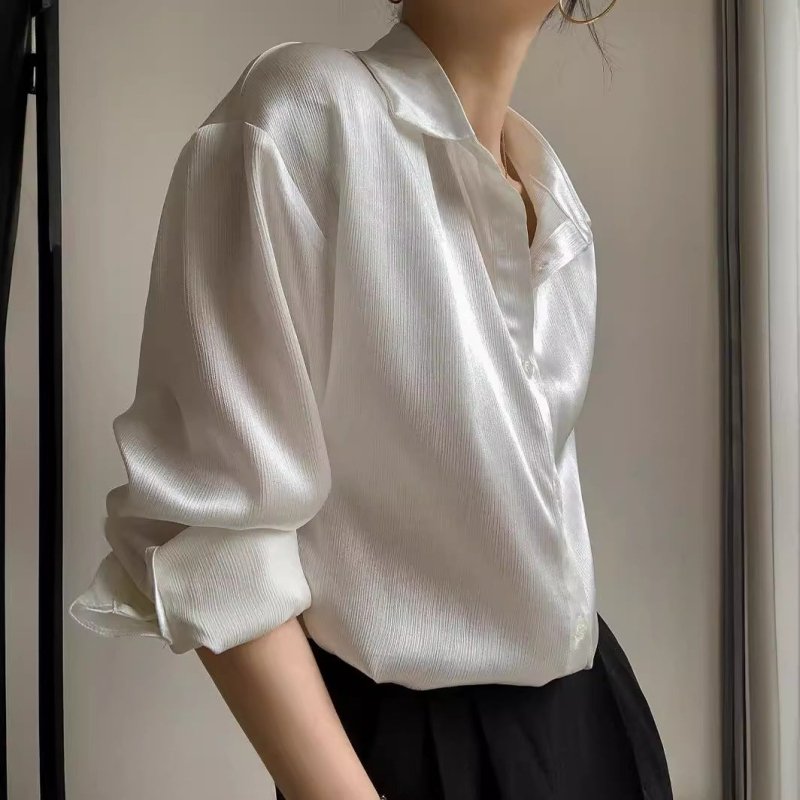 White Texture Satin Shirt For Women $39.99 Dana Fashion Color: White Size: L Women's clothing Product information: Pattern: solid color Fabric name: Other Color: White Sleeve type: Regular Main fabric composition: Other Size: S,M,L,XL Version: Straight Le