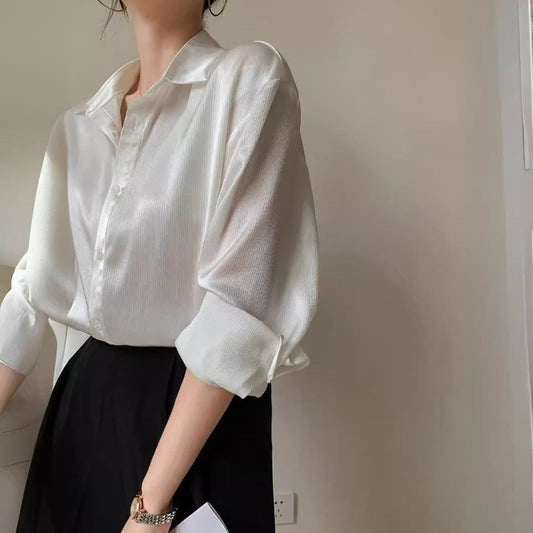 White Texture Satin Shirt For Women $39.99 Dana Fashion Color: White Size: L Women's clothing Product information: Pattern: solid color Fabric name: Other Color: White Sleeve type: Regular Main fabric composition: Other Size: S,M,L,XL Version: Straight Le