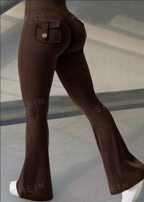 Wide Waistband High Stretch Pocket Scrunch Butt Booty Workout Lifting Athletic Gym Flare Leg Leggings Cargo Pants $38.75 Dana Fashion Color: Brown Size: 2XL Women's clothing Fabric: High Stretch Material: Fabric Composition: 87% Polyamide, 13% Elastane Ca