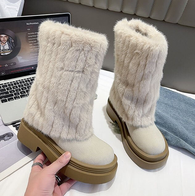 Winter Long Women's Fur Snow Boots $48.50 Dana Fashion Color: Beige Size: 38 Women's shoes Product information: Pattern: solid color Color: black, dark khaki cloth, Gray Upper height: Mid-top Sock length: 20cm Heel shape: flat heel Size: 36,37,38,40,39,41