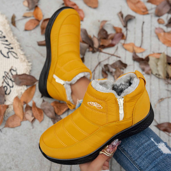Winter Snow Boots WIth Side Zipper Casual Warm Plush Flat Shoes Women's Fleece Ankle Boot $40.74 Dana Fashion Color: Yellow Size: Size35 Women's shoes Product information: Upper material: satin Sole material: PU Upper height: medium upper Toe shape: round