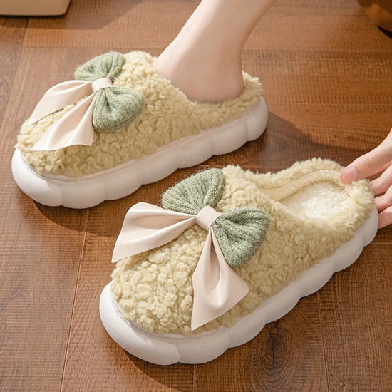 Winter Warm Fur Slippers For Women Cute Bow House Non Slip Soft Shoes Comfort Flat Heel Home Indoor Bedroom Plush Slippers $49.45 Dana Fashion Color: Green Size: 36x37 Women's shoes Specification: Foot length 22~22.5cm=Size 36-37=Fit for 35-36 Foot length